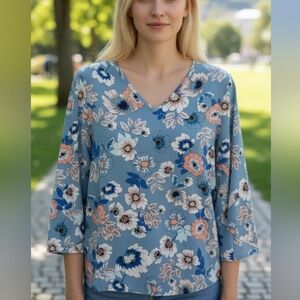 L • Mercer & Madison • Floral Blouse with V-Neck and Tulip Style Bell Sleeves
